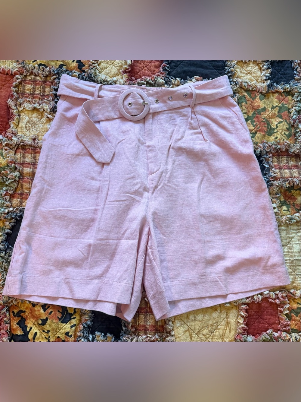Lost + Wander Blush High-Waist Belted Linen-Blend Shorts